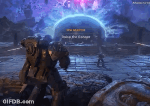 A Video Game Screen Shows A Robot Standing In Front Of A Banner That Says " New Objective Raise The Banner " GIF