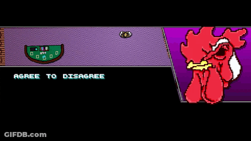 A Video Game Screen Shows A Rooster Eating A Piece Of Cheese And The Words Agree To Disagree GIF