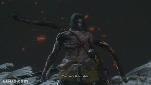 A Video Game Screen Shows A Samurai Holding A Sword And Saying " Yes Let 'S Finish This " GIF