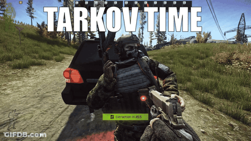 A Video Game Screen Shows A Soldier Holding A Gun And Says Tarkov Time GIF