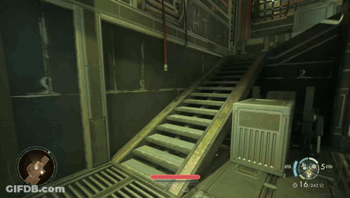 A Video Game Screen Shows A Staircase And A Box With The Numbers 16 And 24 GIF