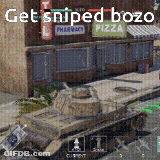 A Video Game Screen Shows A Tank In Front Of A Pharmacy And Pizza Shop GIF