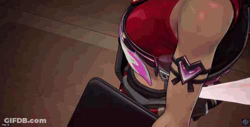 A Video Game Screen Shows A Woman Holding A Laptop And A Play X Button GIF