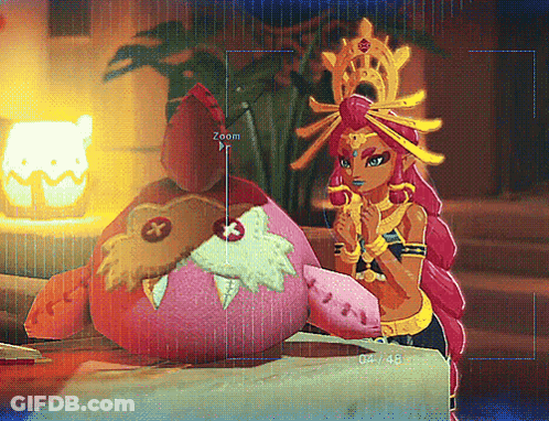A Video Game Screen Shows A Woman Sitting Next To A Stuffed Animal With Zoom Written In The Corner GIF