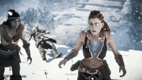 A Video Game Screen Shows A Woman Standing In The Snow And Says Voice Along Cut GIF