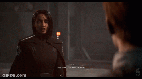 A Video Game Screen Shows A Woman Talking To A Man Who Says She Used The Dark Side GIF