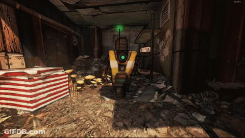 A Video Game Screen Shows A Yellow And White Robot With A Green Light Behind It GIF