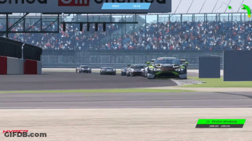 A Video Game Screen Shows Cars On A Race Track With A Hyper Logo In The Corner GIF