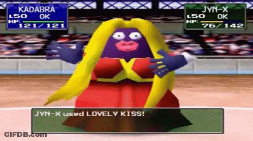 A Video Game Screen Shows Jyn-X And Kadabra GIF