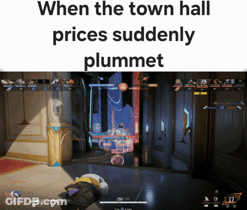 A Video Game Screen With The Words When The Town Hall Prices Suddenly Plummet GIF
