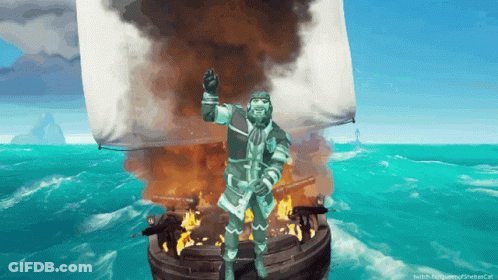 A Video Game Screenshot Of A Man On A Boat With A Fire Behind Him GIF