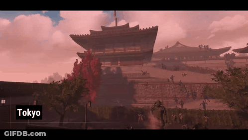 A Video Game Screenshot Of Tokyo With A Large Temple In The Background GIF