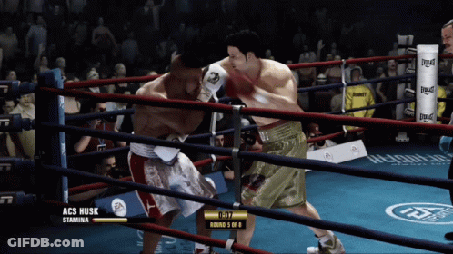 A Video Game Shows A Boxing Match Between Acs Husk And A Man GIF
