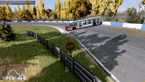 A Video Game Shows A Bus Going Around A Curve With A Stop Sign In The Foreground GIF