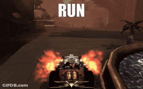 A Video Game Shows A Car With Flames Coming Out Of It And The Words Run Above It GIF