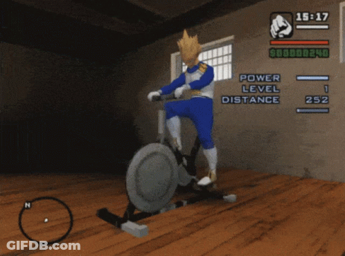 A Video Game Shows A Character Riding An Exercise Bike With A Power Level Of 430 GIF