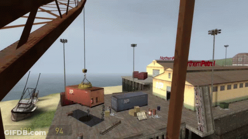 A Video Game Shows A Dock With A Building That Says Northern Point GIF