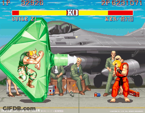 A Video Game Shows A Fighter Named Ken Fighting A Fighter Named Guile GIF