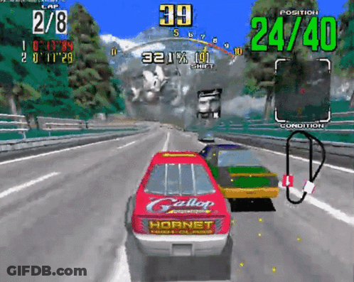 A Video Game Shows A Gallop Hornet Race Car GIF