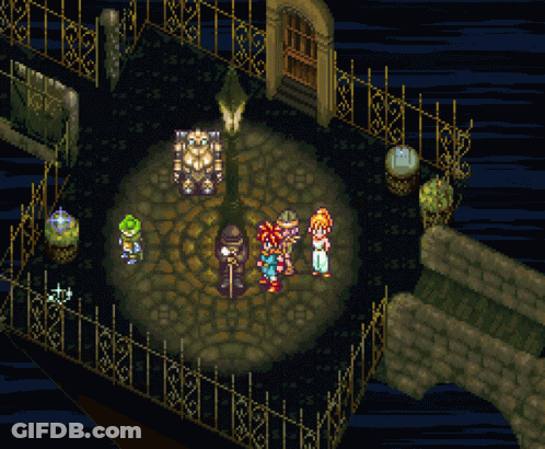 A Video Game Shows A Group Of People Standing Around A Clock GIF