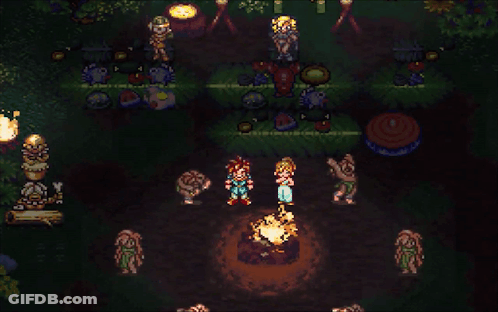 A Video Game Shows A Group Of People Standing Around A Fire GIF