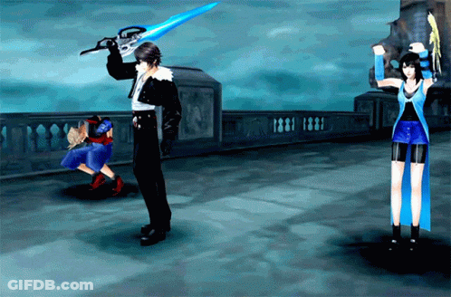 A Video Game Shows A Man Holding A Blue Sword And A Woman In A Blue Dress GIF