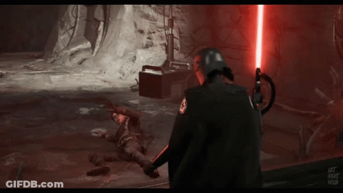 A Video Game Shows A Man Holding A Red Light Saber And The Words Get Your Kicks On The Bottom Right GIF