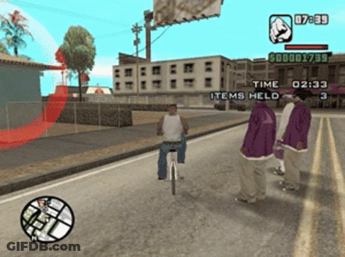 A Video Game Shows A Man Riding A Bike With Items Held At 2:33 GIF