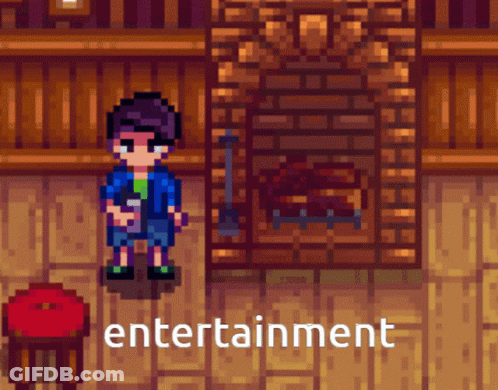 A Video Game Shows A Man Standing In Front Of A Fireplace And The Word Entertainment Below Him GIF