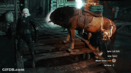 A Video Game Shows A Man Standing Next To A Horse With A Saddle GIF
