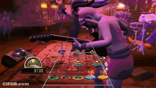 A Video Game Shows A Person Playing A Guitar With A Score Of 2123 GIF
