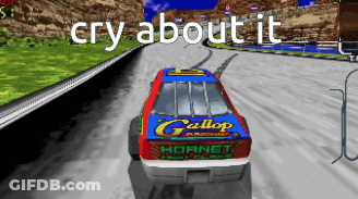 A Video Game Shows A Race Car With The Caption Cry About It GIF