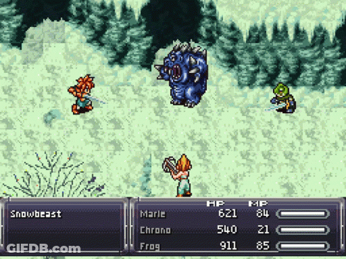A Video Game Shows A Snowbeast And A Frog Fighting Each Other GIF