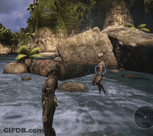 A Video Game Shows A Soldier Talking To Another Person In The Water GIF