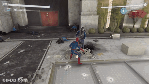A Video Game Shows A Spider Man Fighting A Group Of Men GIF