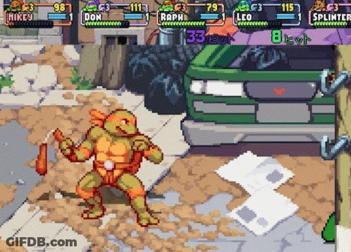 A Video Game Shows A Turtle Named Mikey Fighting A Turtle Named Raphael GIF