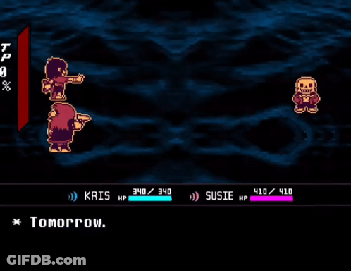 A Video Game Where Kris And Susie Are Fighting Each Other And Kris Says " What Do You Mean Tomorrow " GIF