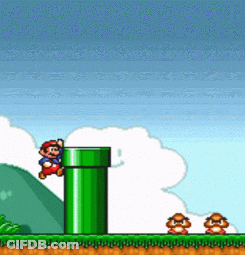 A Video Game Where Mario Is Hanging From A Green Pipe GIF