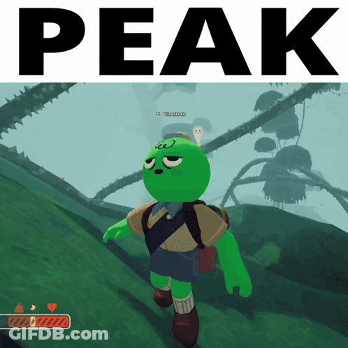 A Video Game With A Green Character And The Word Peak GIF