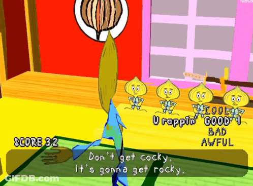 A Video Game With A Score Of 32 And A Character Saying " Don T Get Cocky It 'S Gonna Get Rocky " GIF