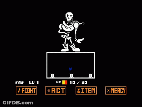 A Video Game With A Skeleton Surrounded By Skulls And The Words Fight And Mercy On The Bottom GIF