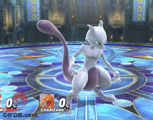 A Video Game With Charizard And Mewtwo Fighting Each Other GIF