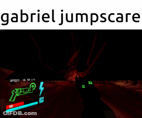 A Video Game With The Name Gabriel Jumpscared On The Bottom GIF