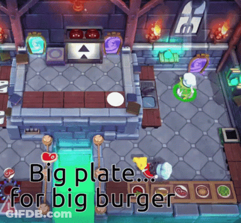 A Video Game With The Words Big Plate For Big Burger On The Bottom GIF