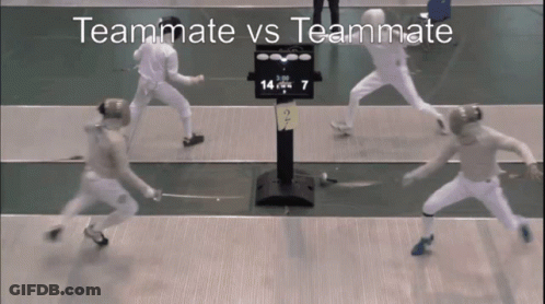 A Video Of A Fencing Match With The Words Teammate Vs Teammate At The Bottom GIF