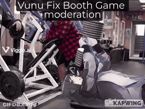 A Video Of A Man Doing Exercises In A Gym With The Words " Vuvu Fix Booth Game Moderation " GIF