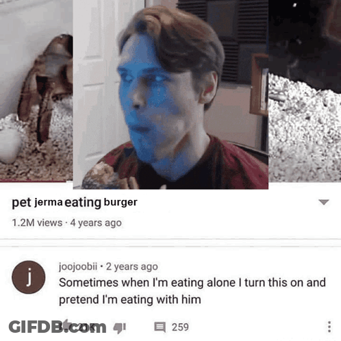 A Video Of A Man Eating A Burger With A Caption That Says " Pet Jerma Eating Burger " GIF