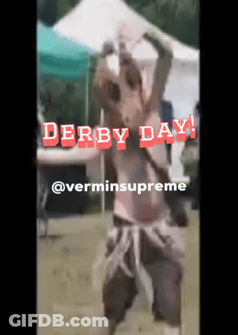 A Video Of A Man In A Horse Mask With The Words Derby Day In Red GIF