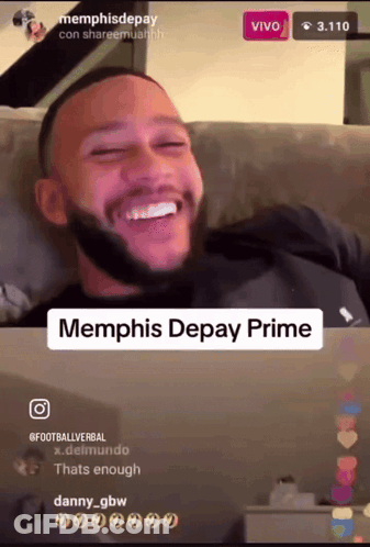 A Video Of A Man Laughing With The Caption Memphis Depay Prime On It GIF