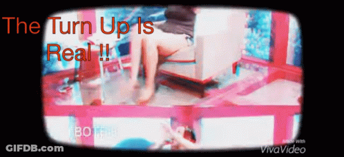 A Video Of A Woman Sitting On A Chair With The Caption " The Turn Up Is Real " GIF